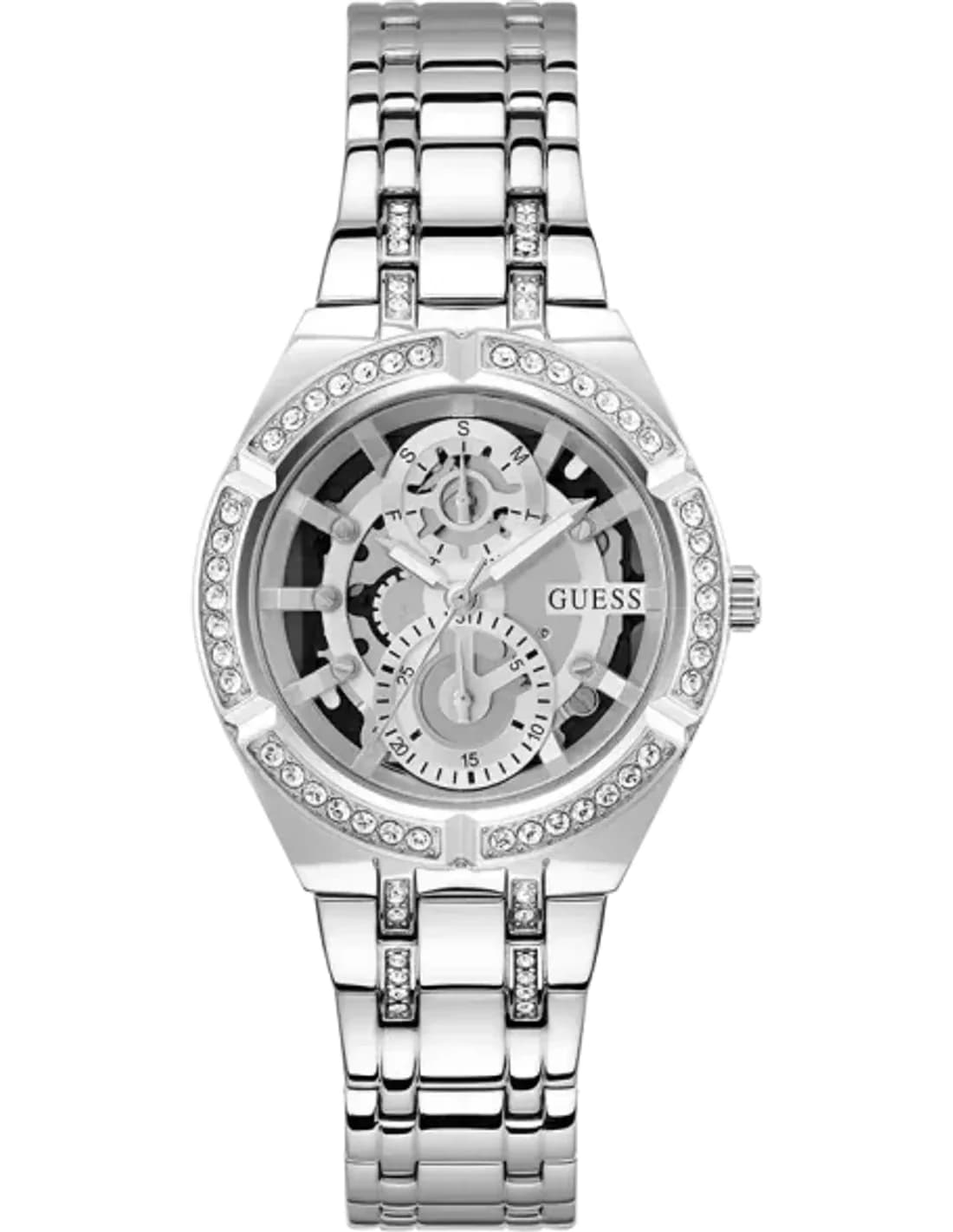 Montre Femme Guess Allara GW0604L1 bracelet acier argenté cadran squelette cristaux multifonctions