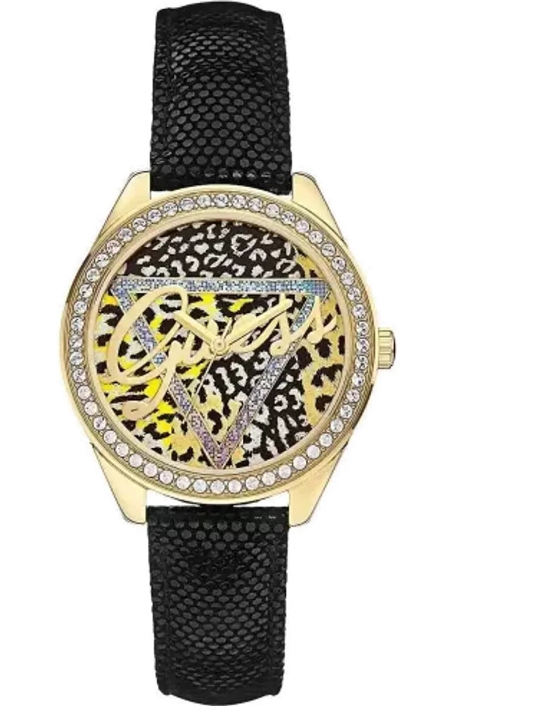 Montre Femme Guess W0456L4 Cuir Noir Motif Léopard et Boîtier Doré