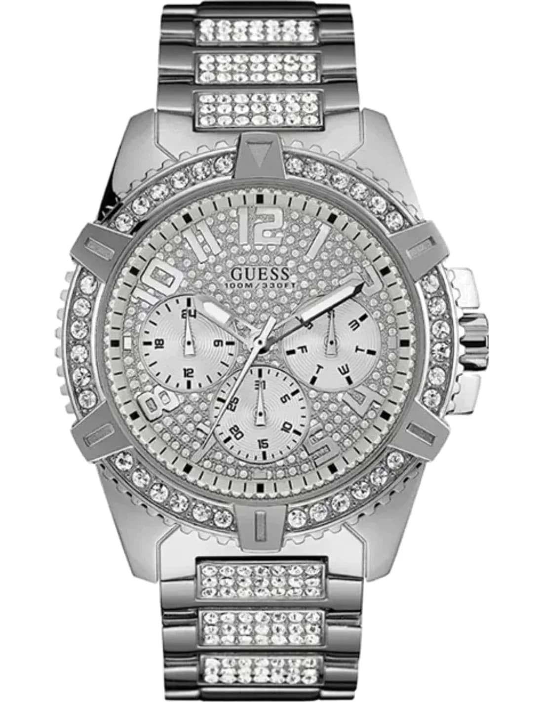 Montre Homme Guess Frontier W0799G1 bracelet acier argent boitier orné de strass