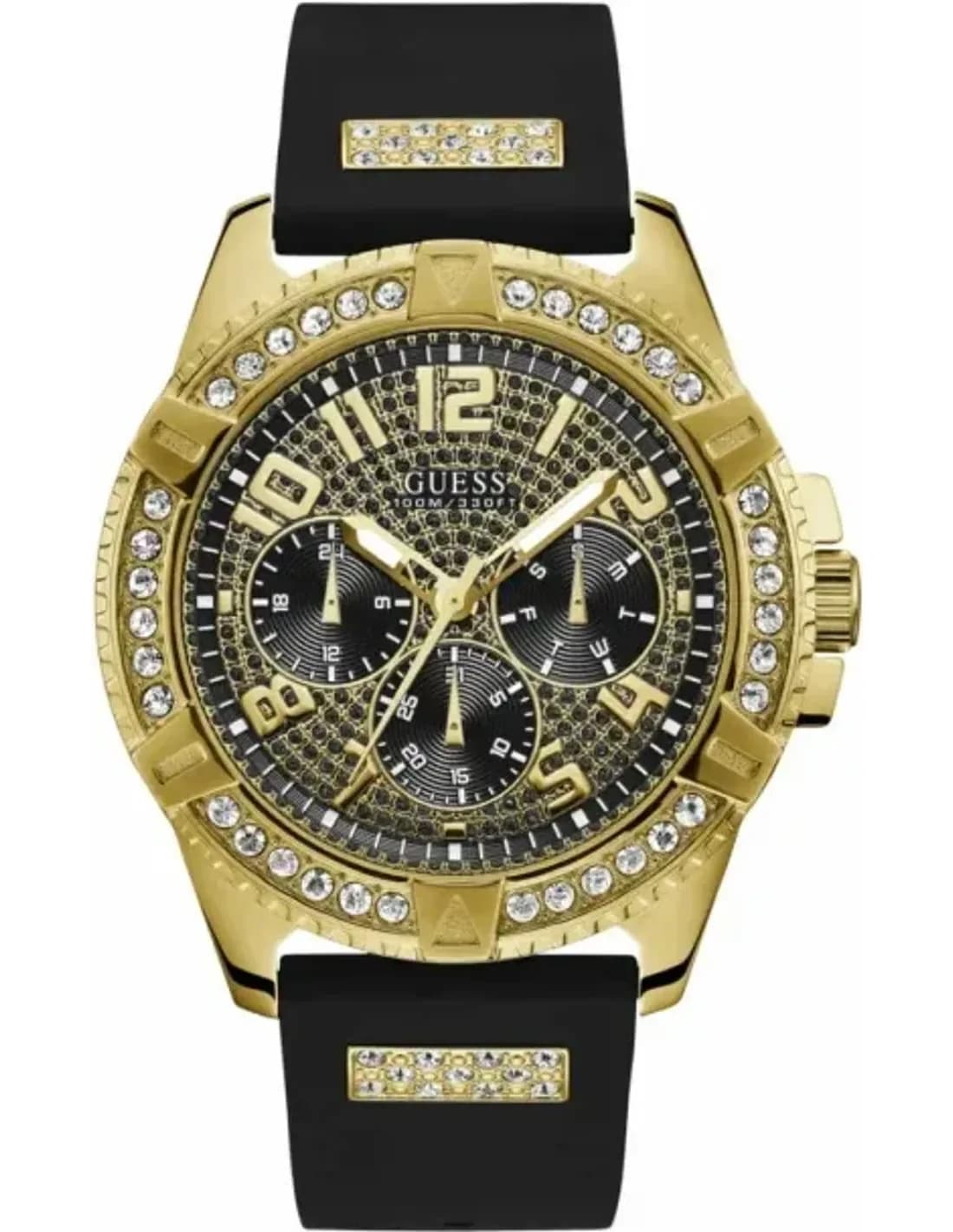Montre Guess Frontier W1132G1 Boîtier Doré Orné de Strass et Bracelet Silicone Noir