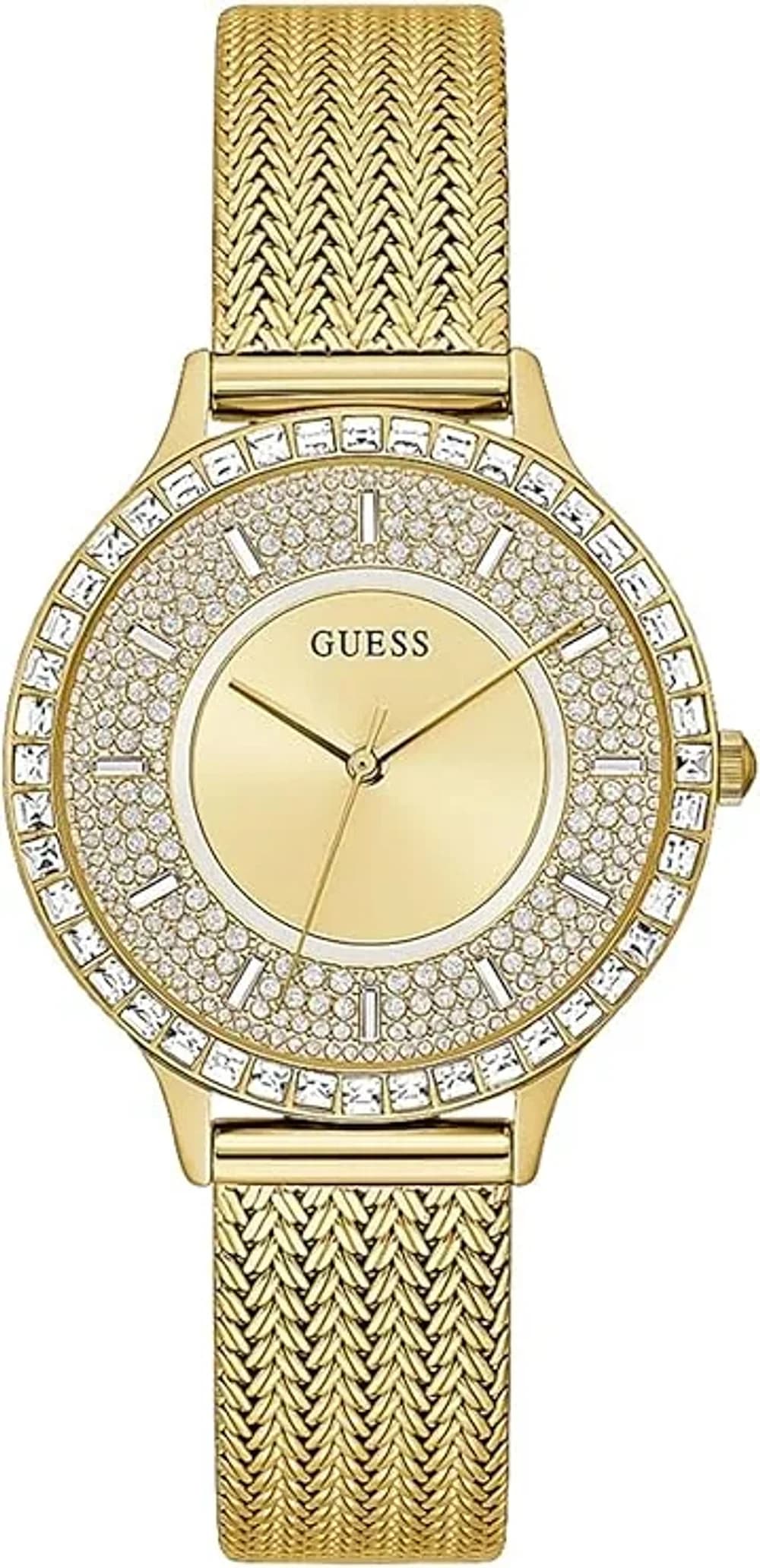 Montre Femme Guess Soiree GW0402L2 dorée boîtier serti de cristaux bracelet maille milanaise acier doré
