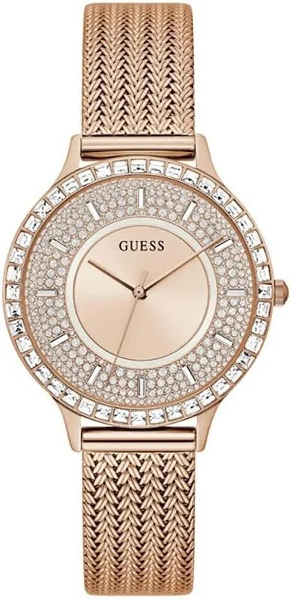 Montre Femme Guess Soiree GW0402L3 or rose boîtier serti de cristaux bracelet maille milanaise