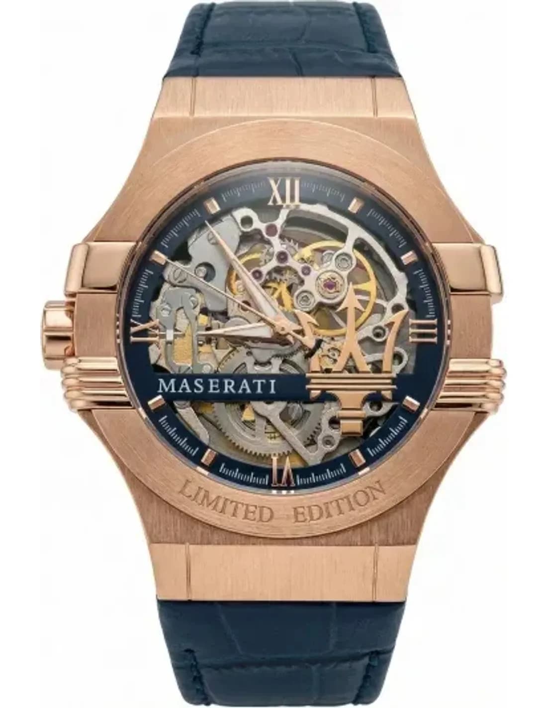 Montre Maserati R8821108022 Automatique Squelette Or Rose et Cuir Bleu