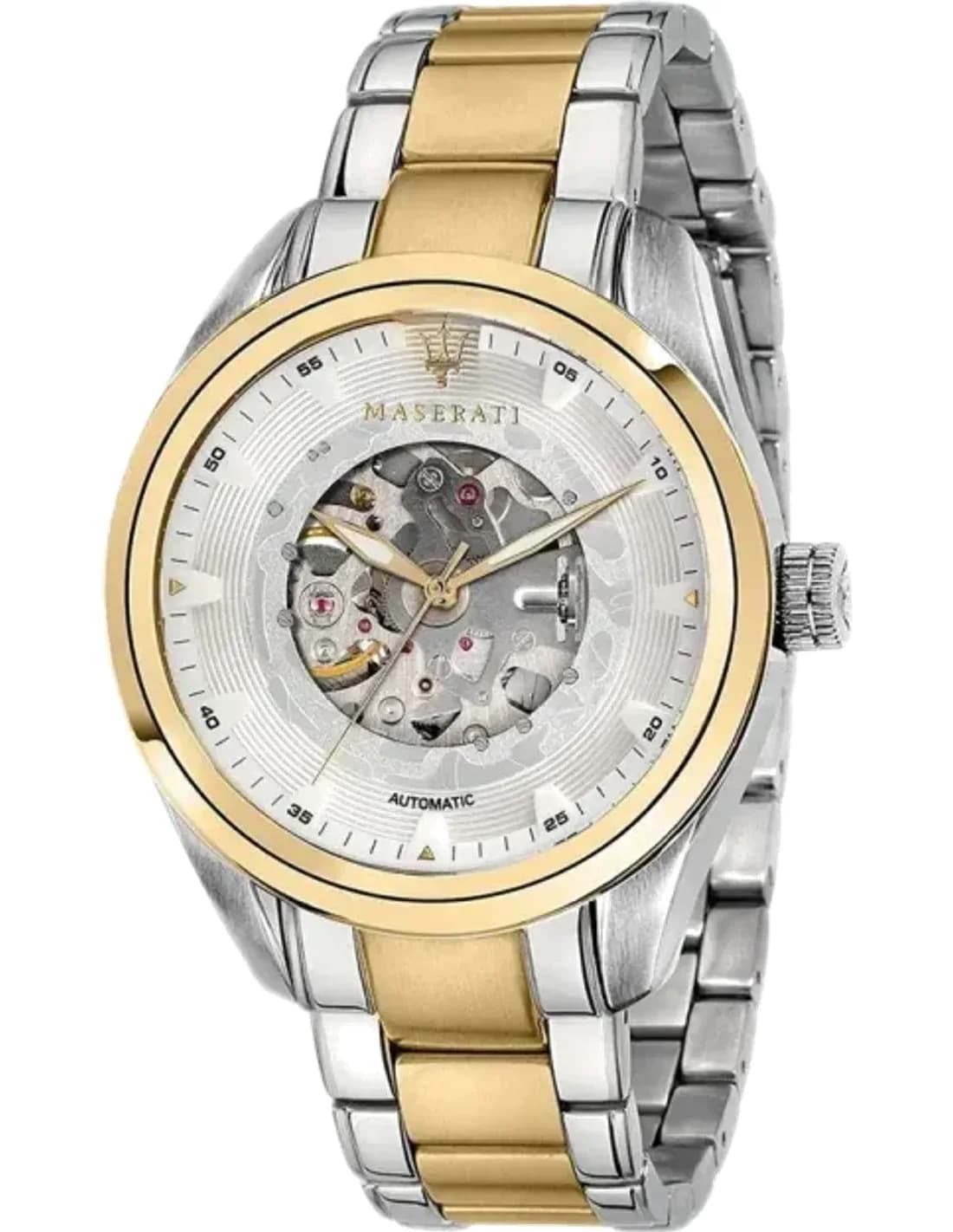Montre Maserati Traguardo R8823112003 Squelette automatique Cadran argenté Bracelet en acier inoxydable bicolore