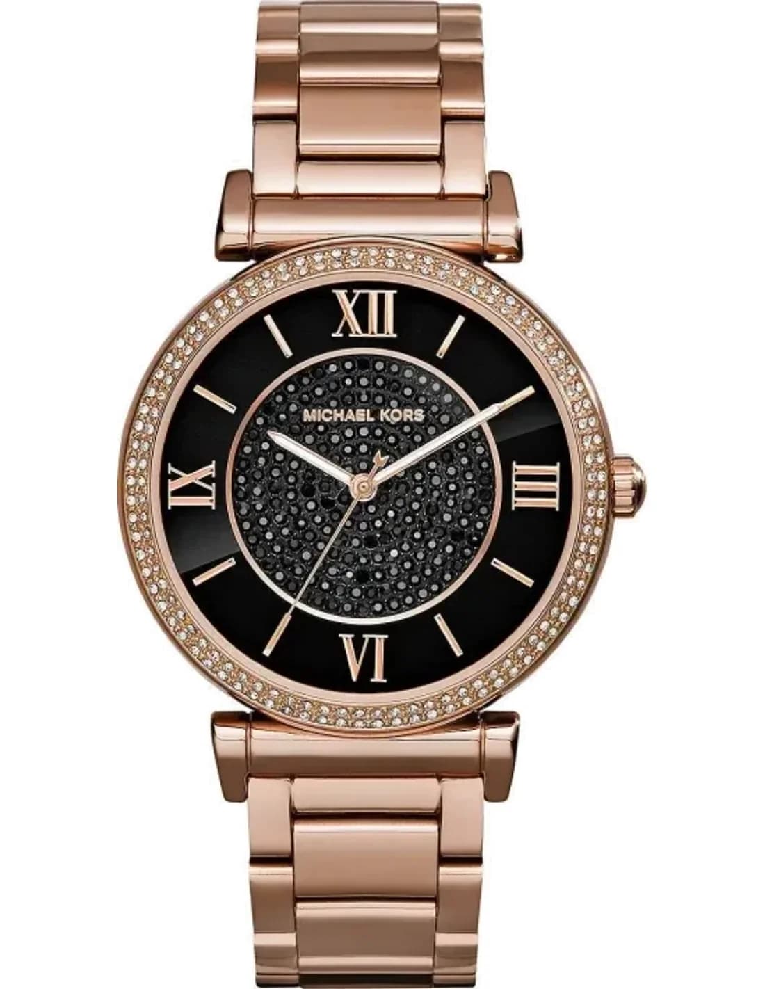 Montre Michael Kors MK3356 Bracelet Acier Doré Rose et Cadran Noir à Cristaux