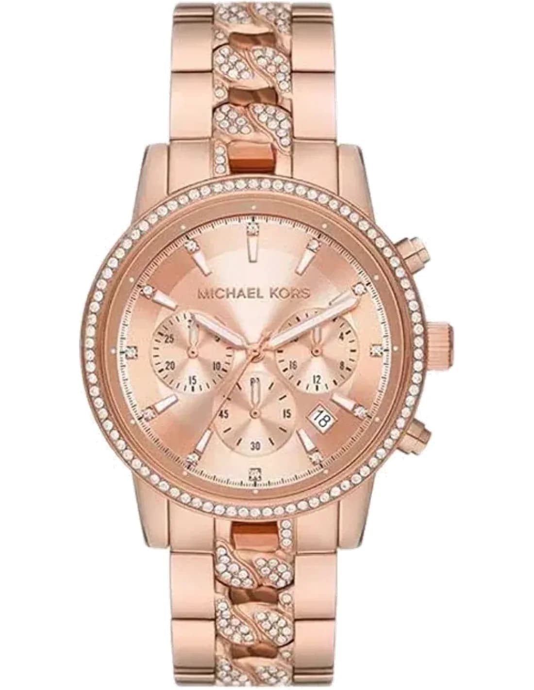 Montre femme Michael Kors Ritz MK7223 chronographe cadran doré rose orné de cristaux