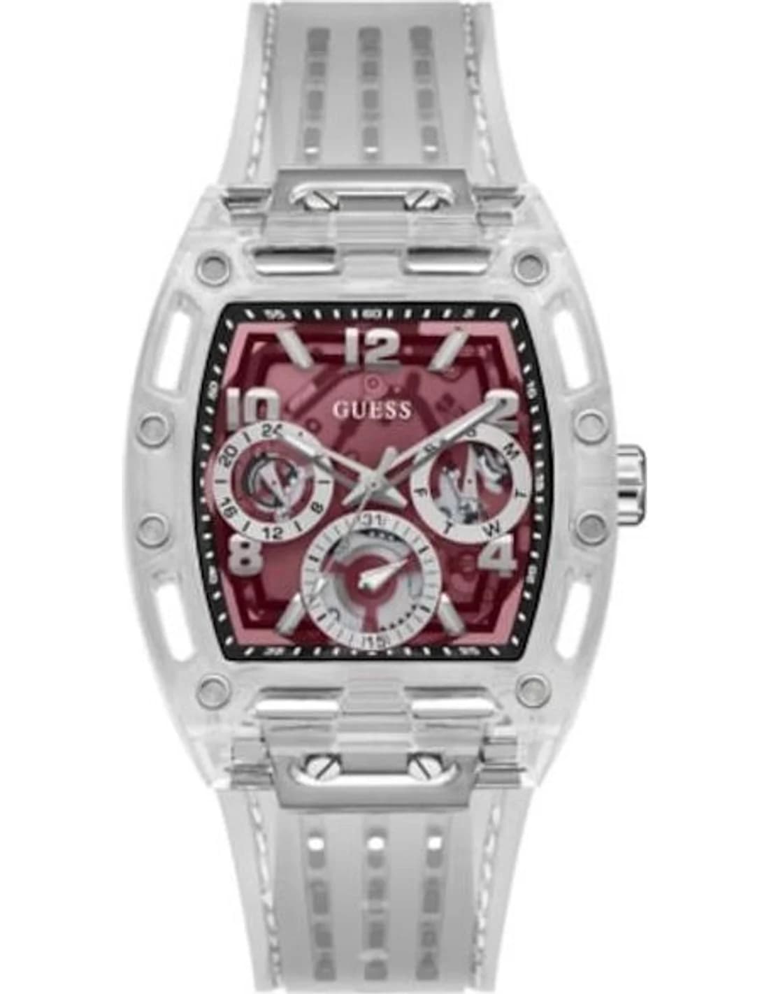 Montre Homme Guess Phoenix GW0499G9 cadran bordeaux bracelet silicone transparent