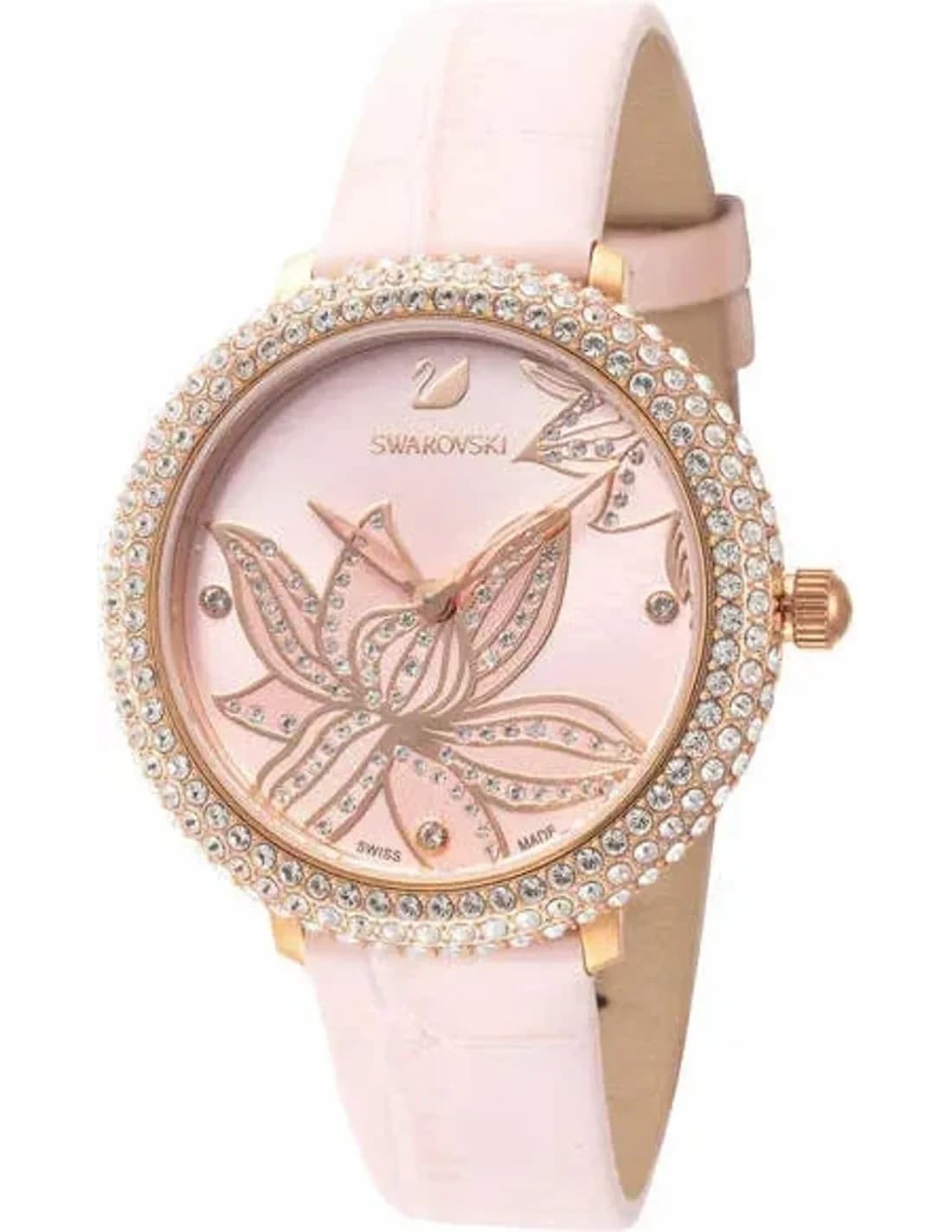 Montre Swarovski 5575217 Cadran Floral et Bracelet Cuir Rose