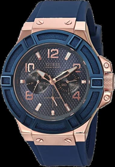 Montre Homme Guess Rigor W0247G3 cadran doré rose bracelet silicone bleu