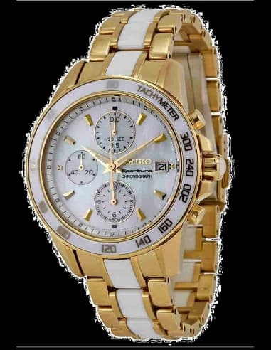 Montre Seiko SNDX02P1 Sportura Dorée et Blanche avec Tachymètre