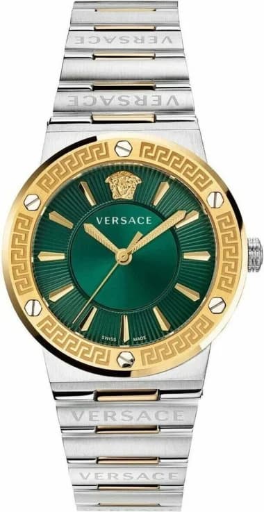 Montre Femme Versace Greca Logo VEVH00720 bracelet acier argent doré cadran vert