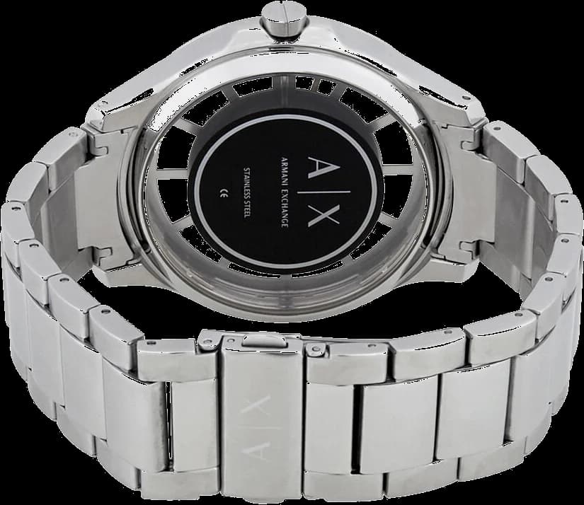 Lunette boîtier Armani Exchange AX2199 exhibits a round 44mm steel case, fixed bezel, and exhibition caseback for movement view