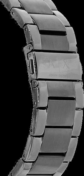 Lunette boîtier Armani Exchange AX2135 boîtier acier 44mm brossé, lunette fine polie, couronne crantée, profil épuré et robuste