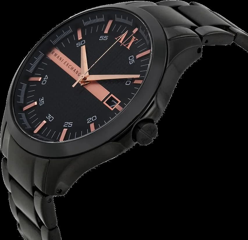 Visage cadran Armani Exchange AX2150 affiche index appliqués et aiguilles luminescentes pour lisibilité optimale