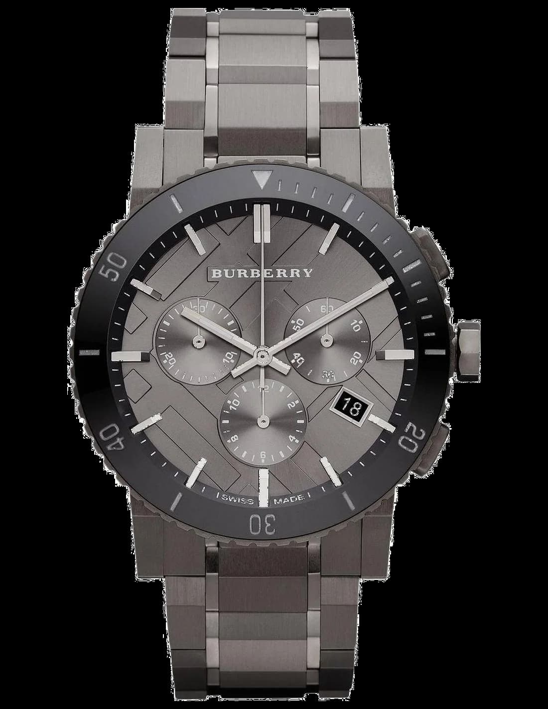 Garde-temps Burberry BU9381 chronographe sport gris acier cadran brossé soleillé index appliqués aiguilles luminescentes mouvement suisse