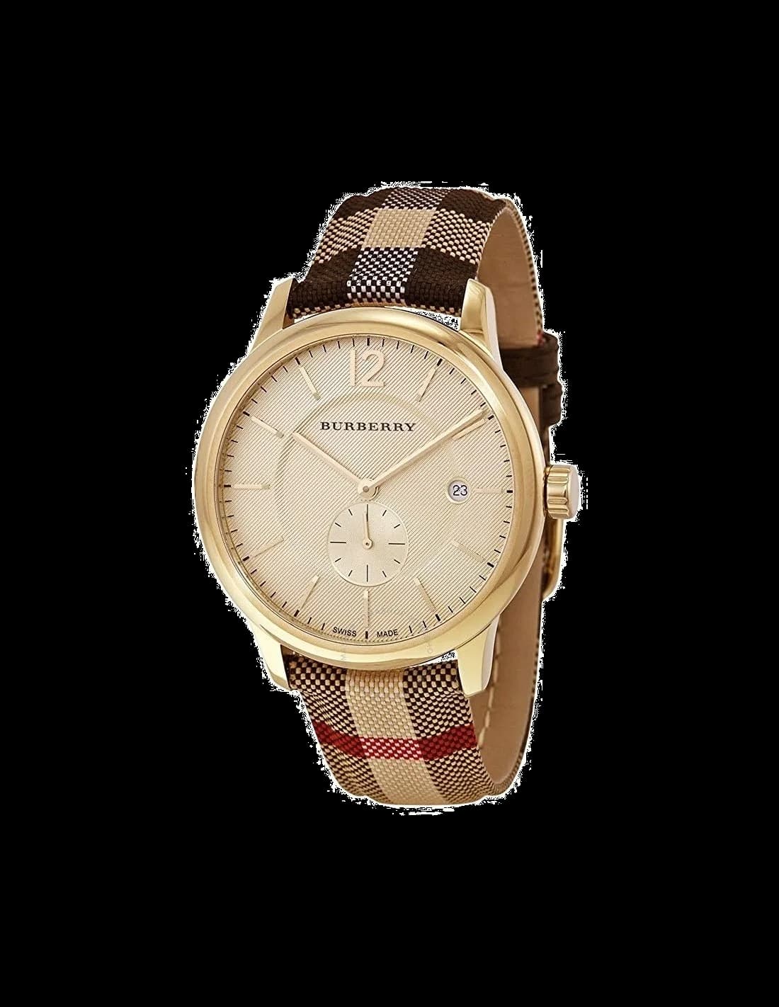 Montre Burberry BU10001 Boîtier Or 40mm Cadran Doré Bracelet Cuir Beige Unisexe