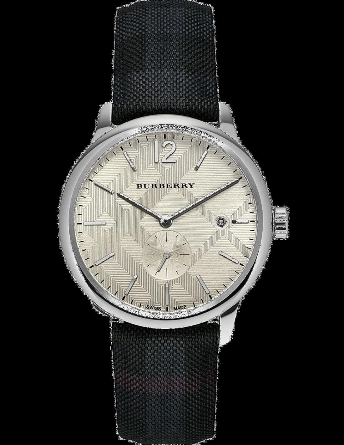 Montre Homme Burberry BU10008 Cadran Argent Bracelet Cuir/Tissu Noir