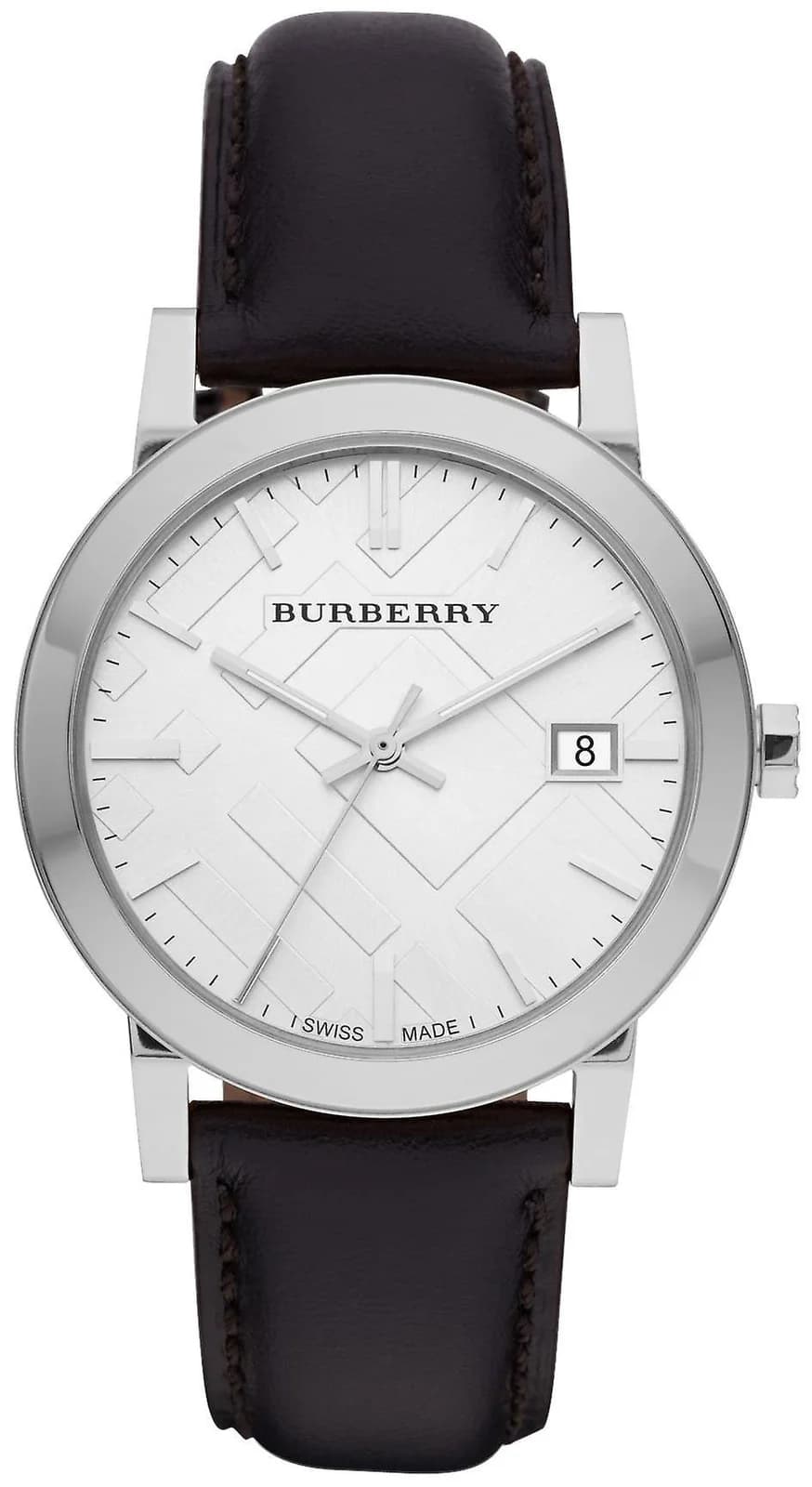 Garde-temps Burberry BU9008 avec cadran noir soleillé, aiguilles bâton et index appliqués, style classique chic