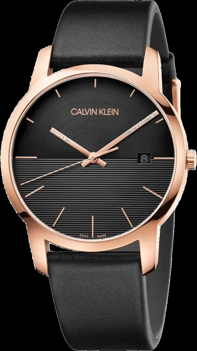 Montre Homme Calvin Klein City K2G2G6CZ - Cadran Noir, Boîtier Or Rose, Bracelet Cuir