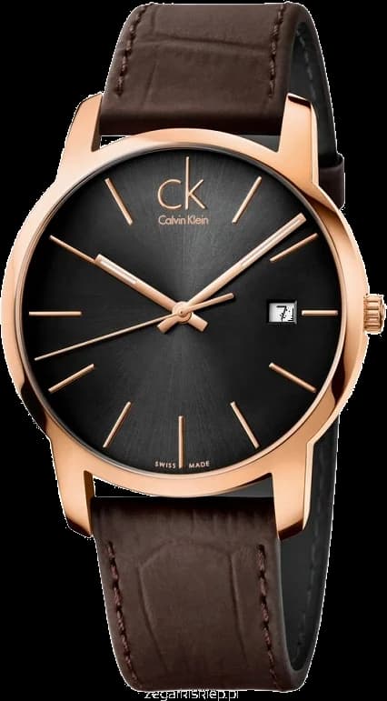 Montre Homme Calvin Klein City K2G2G6G3 - Cadran Noir, Boîtier Or Rose, Bracelet Cuir Marron