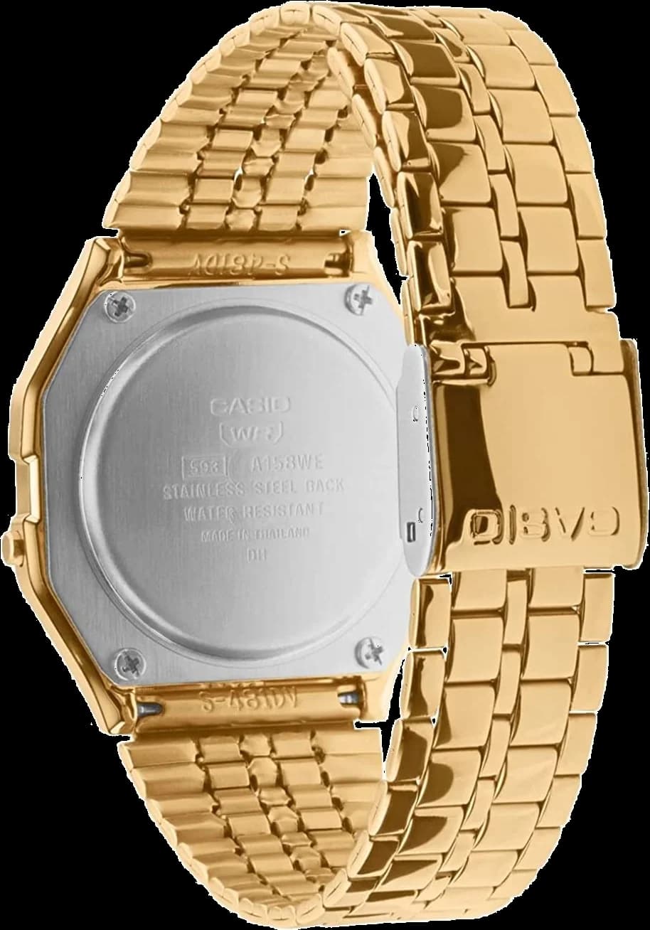 Visage cadran Casio A158WETG-9A avec affichage digital, double fuseau horaire, chronographe et calendrier