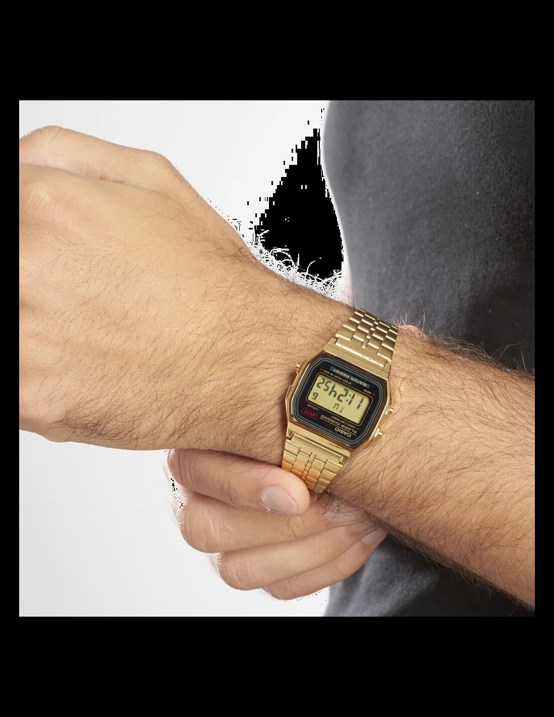 Lunette boîtier Casio A159WGEA-1EF dorée rectangulaire en acier inoxydable, verre minéral, épaisseur fine et profil élégant