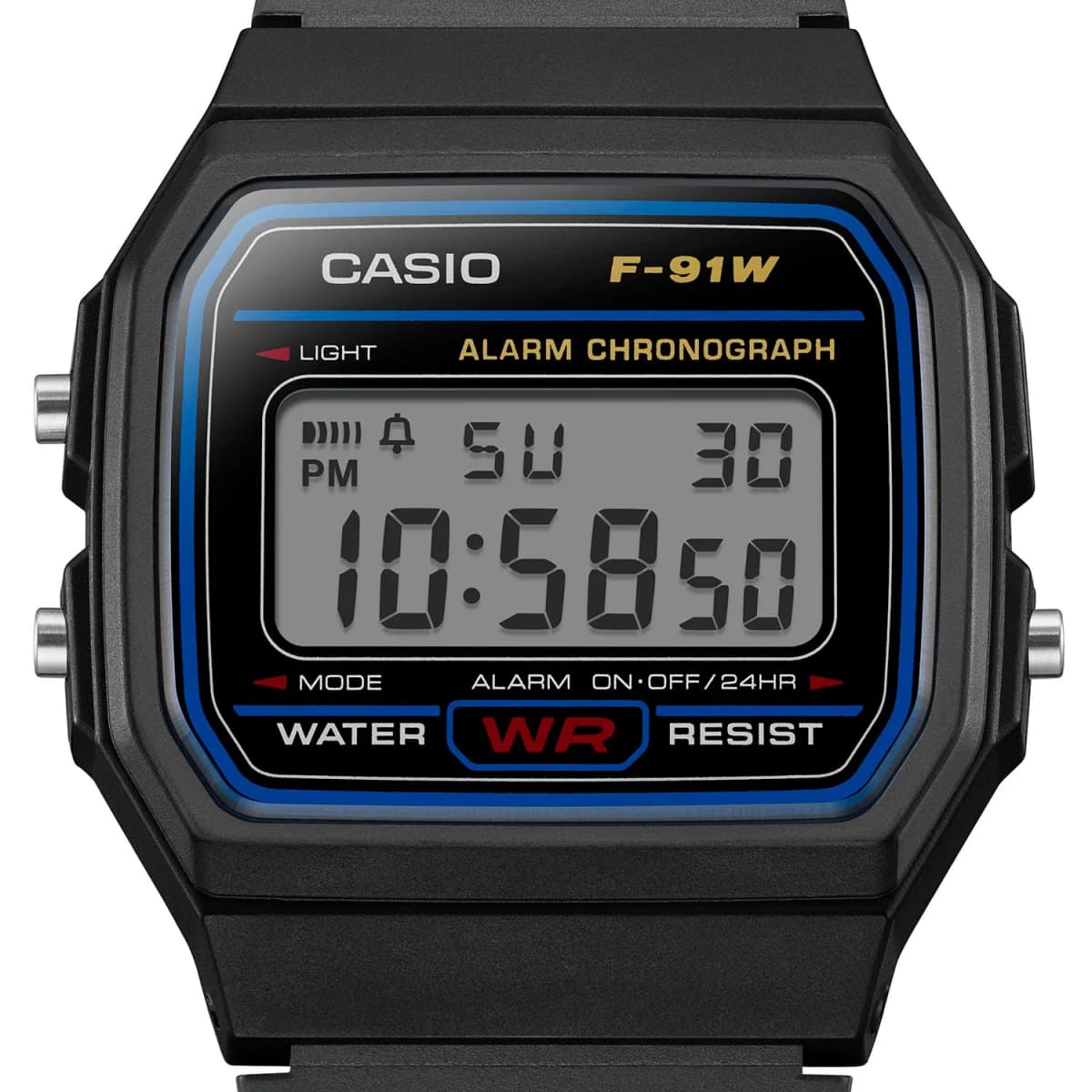 Visage cadran Casio F-91W-1YEF détail des segments LCD et des boutons poussoirs latéraux pour chronomètre