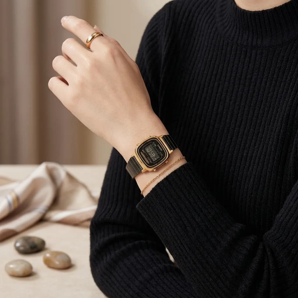 Visage cadran Casio LA670WEGB-1BEF affichage digital à cristaux liquides sur fond noir avec indicateurs de mode et boutons latéraux pour réglage précis