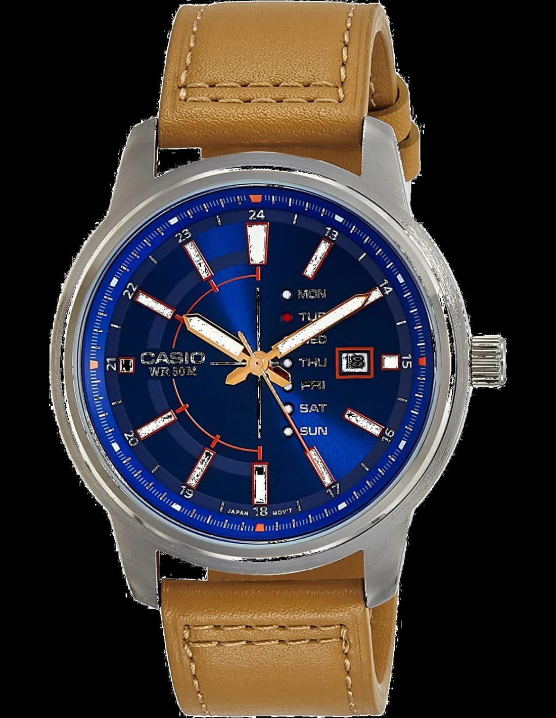 Garde-temps Casio MTP-E128L-2A2V avec cadran bleu soleil, aiguilles argentées et index bâtons pour une lisibilité optimale