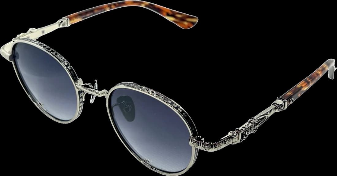 Lunettes de Soleil Chrome Hearts Unisexe Réf. 110032 - Monture Ronde Argentée, Branches Écaille de Tortue