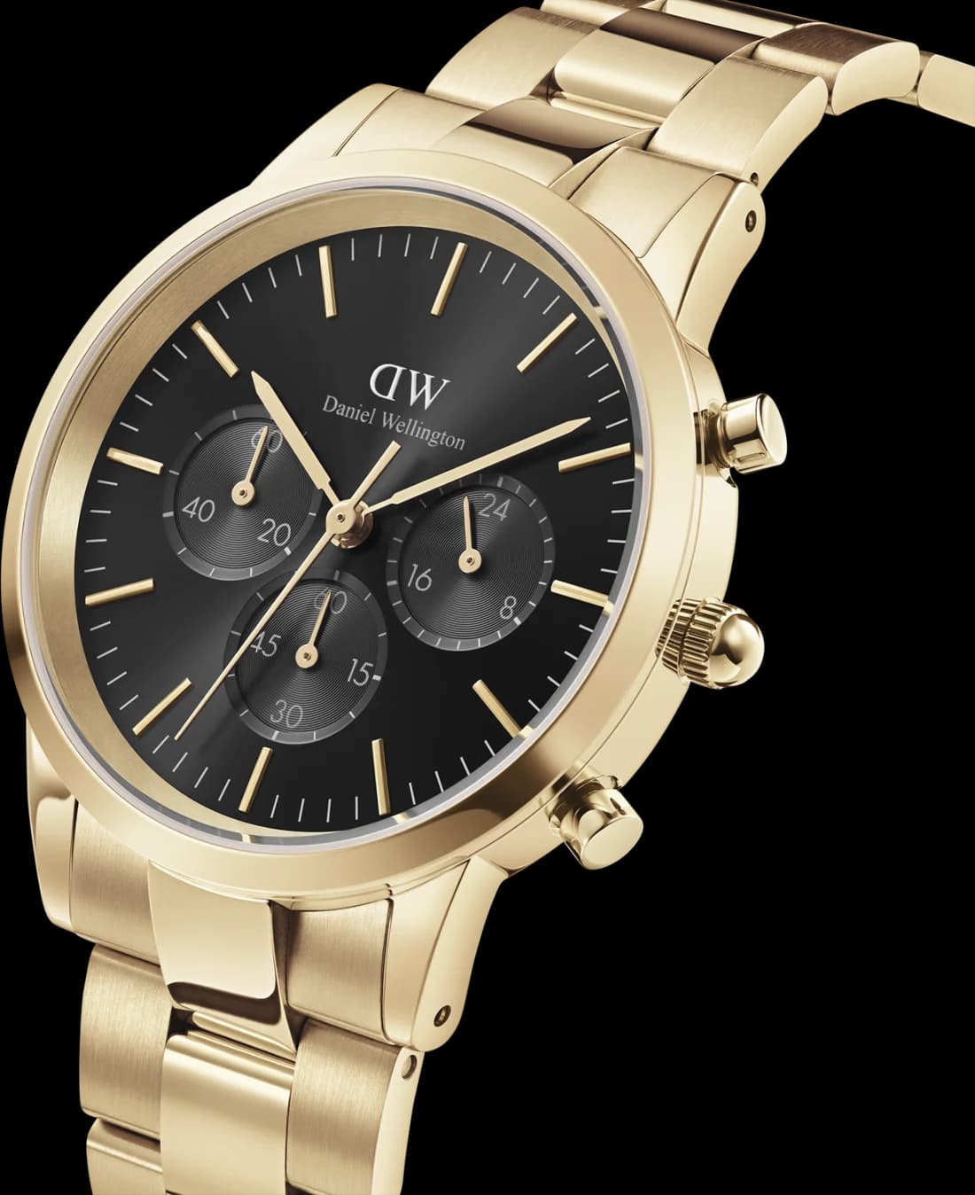 Visage cadran Daniel Wellington DW00100641 aux index bâtons appliqués et compteurs chronographe trois sous-cadrans