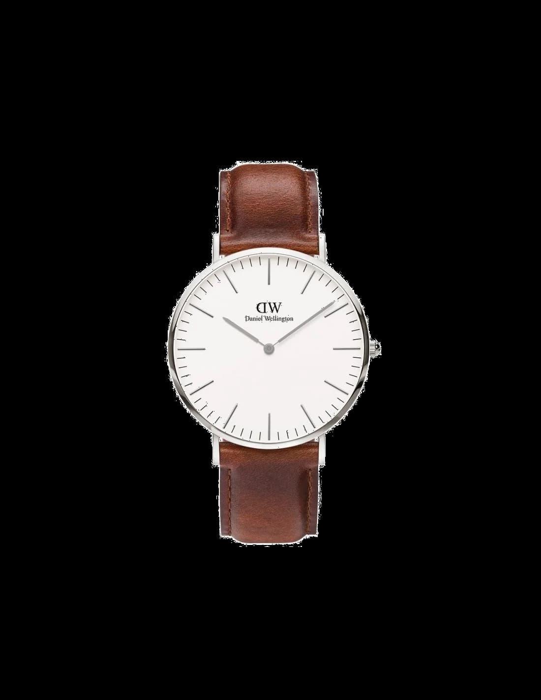 Montre Homme Daniel Wellington DW00100021 Classique Cadran Blanc Boîtier Argent Bracelet Cuir Marron