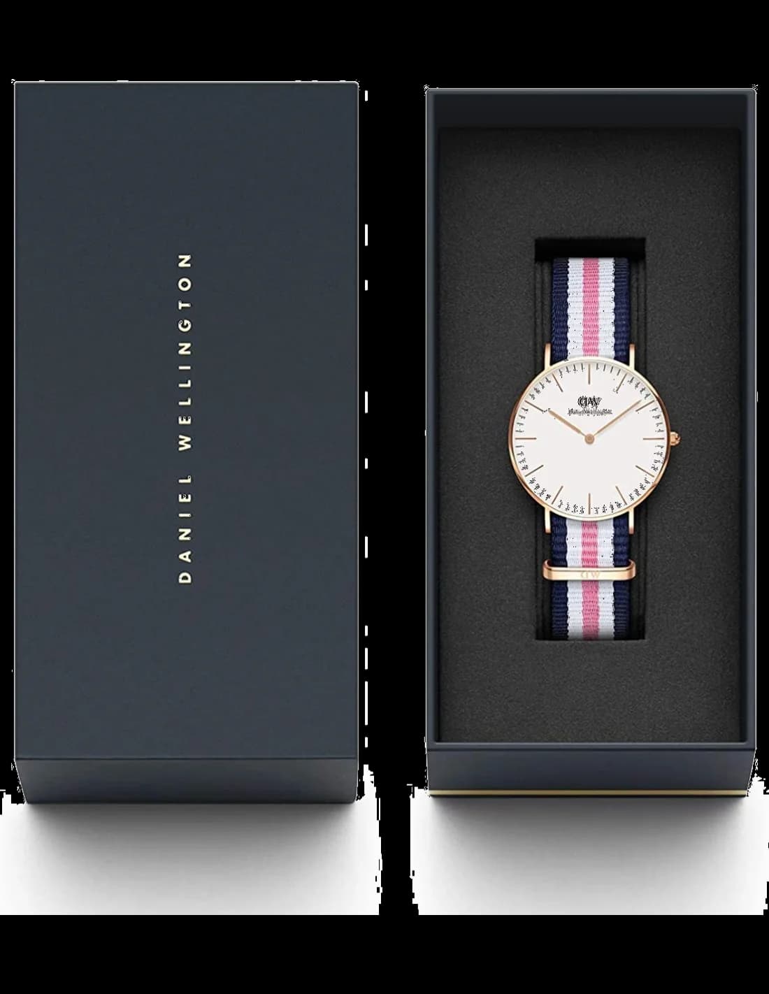 Attache bracelet Daniel Wellington DW00100034 en tissu NATO tricolore bleu-blanc-rouge avec boucle ardillon acier plaqué or rose