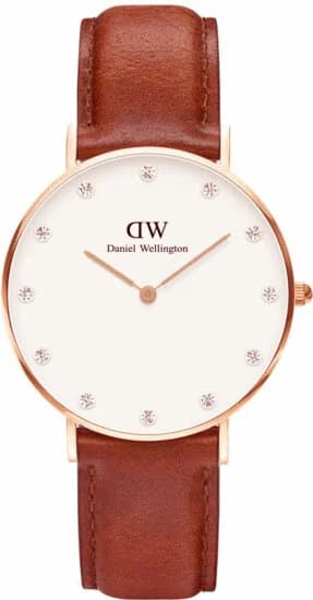 Montre Daniel Wellington Classy St Mawes DW00100075 - Cadran 34mm Blanc, Boîtier Or Rose, Bracelet Cuir Marron pour Femme