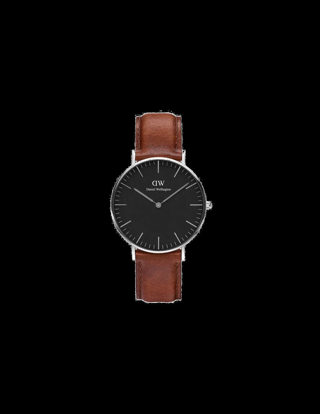 Montre Homme Daniel Wellington DW00100130 Boîtier Argent Cadran Noir Bracelet Cuir Brun 40mm