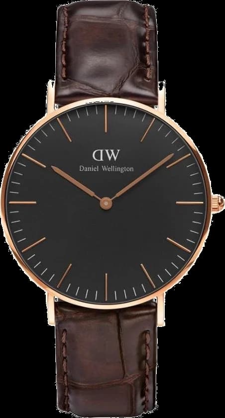 Montre Daniel Wellington Classic Black York DW00100140 - Cadran noir, boîtier or rose, bracelet cuir marron pour femme