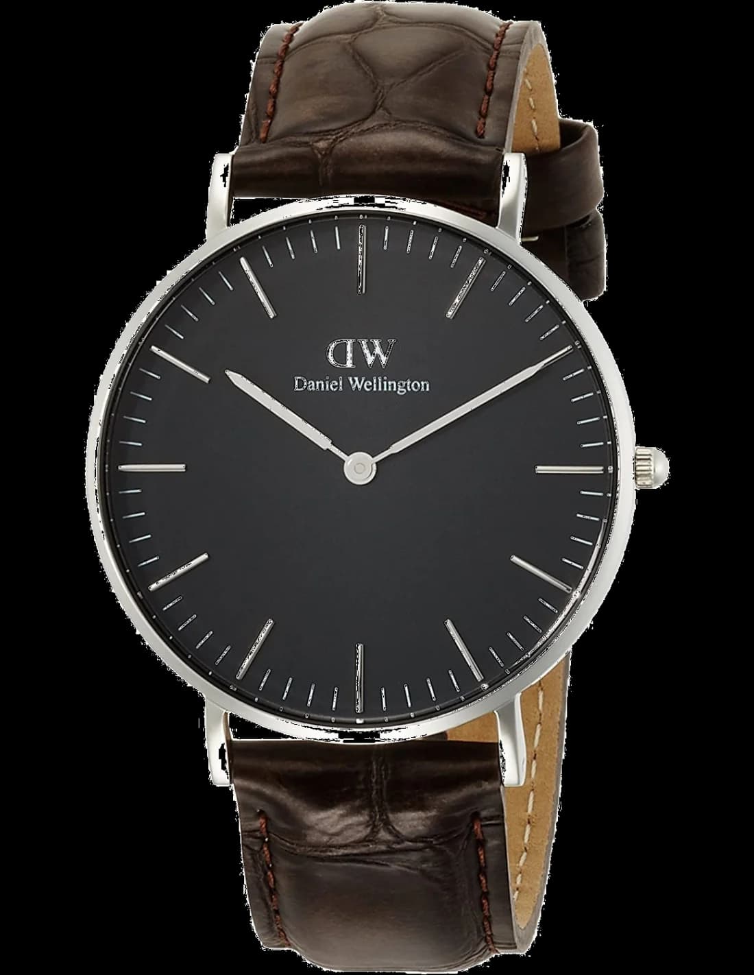 Montre Daniel Wellington DW00100146 pour Femme, Cadran Noir, Boîtier Argent, Bracelet Cuir Marron