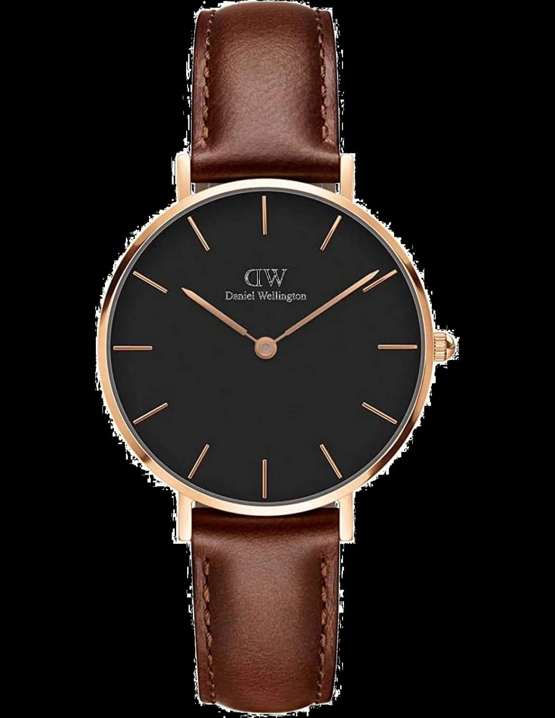 Montre Femme Daniel Wellington DW00100169 Cadran Noir Boîtier Or Rose Bracelet Cuir Marron