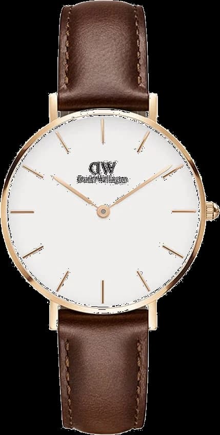 Montre Femme Daniel Wellington Classic DW00100175 - Cadran Blanc, Boîtier Or Rose, Bracelet Cuir Marron