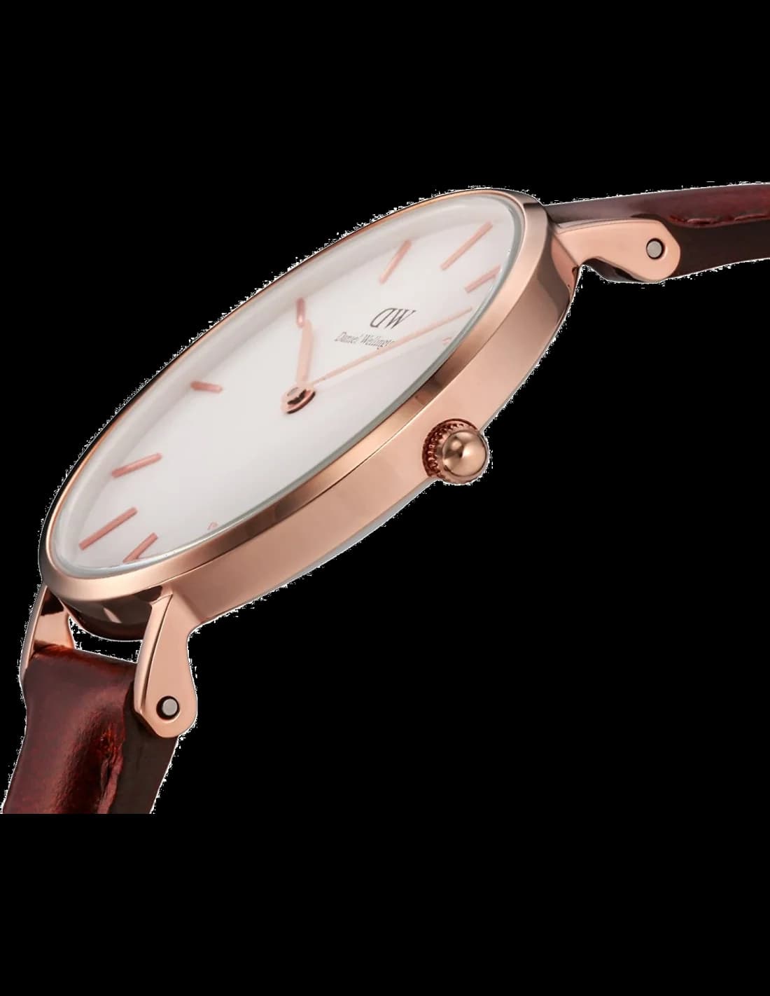 Visage cadran Daniel Wellington DW00100175 aux index bâtons argentés, aiguilles dorées et signature discrète sous 12h, élégance minimaliste