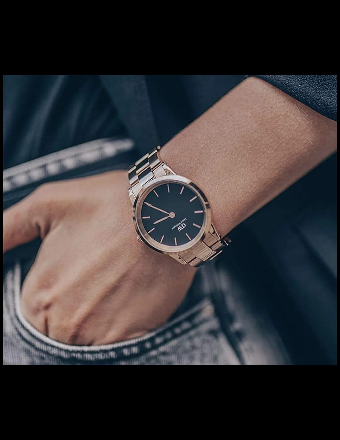 Attache bracelet Daniel Wellington DW00100210 en acier inoxydable poli or rose, maillons milanais, boucle déployante