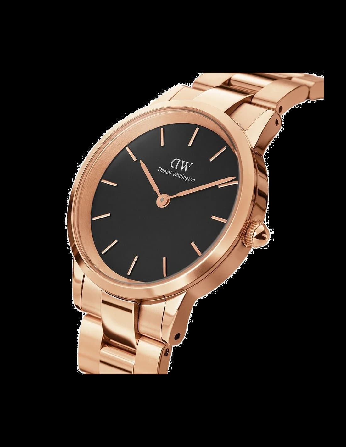 Visage cadran Daniel Wellington DW00100212 révélant index linéaires polis et aiguilles dauphine en acier doré laqué
