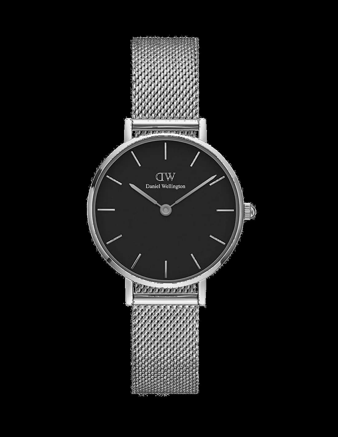 Montre Femme Daniel Wellington Classic Petite DW00100218, Cadran Noir 28 mm, Bracelet Milanese Argent