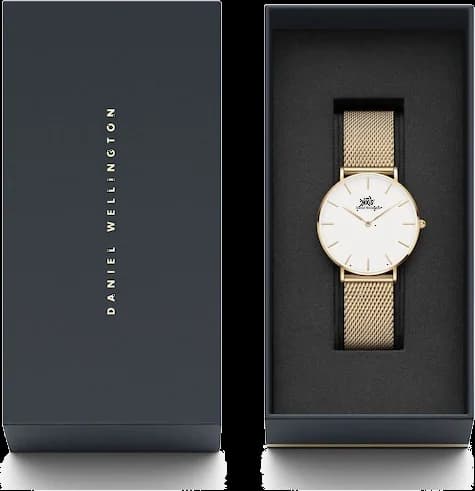 Lunette boîtier Daniel Wellington DW00100348 en acier inoxydable doré, lunette lisse polie, verre minéral bombé, étanchéité 3 ATM