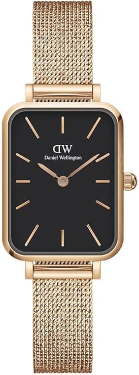 Montre Femme Daniel Wellington DW00100432 Quadro Rectangulaire Cadran Noir Maille Milanaise Or Rose