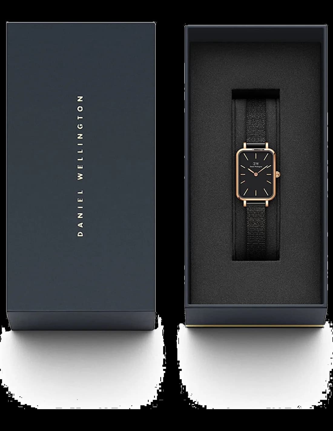 Visage cadran Daniel Wellington DW00100433 avec cadran noir minimaliste, aiguilles dorées et index bâtons discrets, mouvement quartz précis