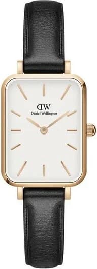 Montre Femme Daniel Wellington Quadro Pressed DW00100434 - Cadran Rectangulaire Blanc, Boîtier Or Rose, Bracelet Cuir Noir