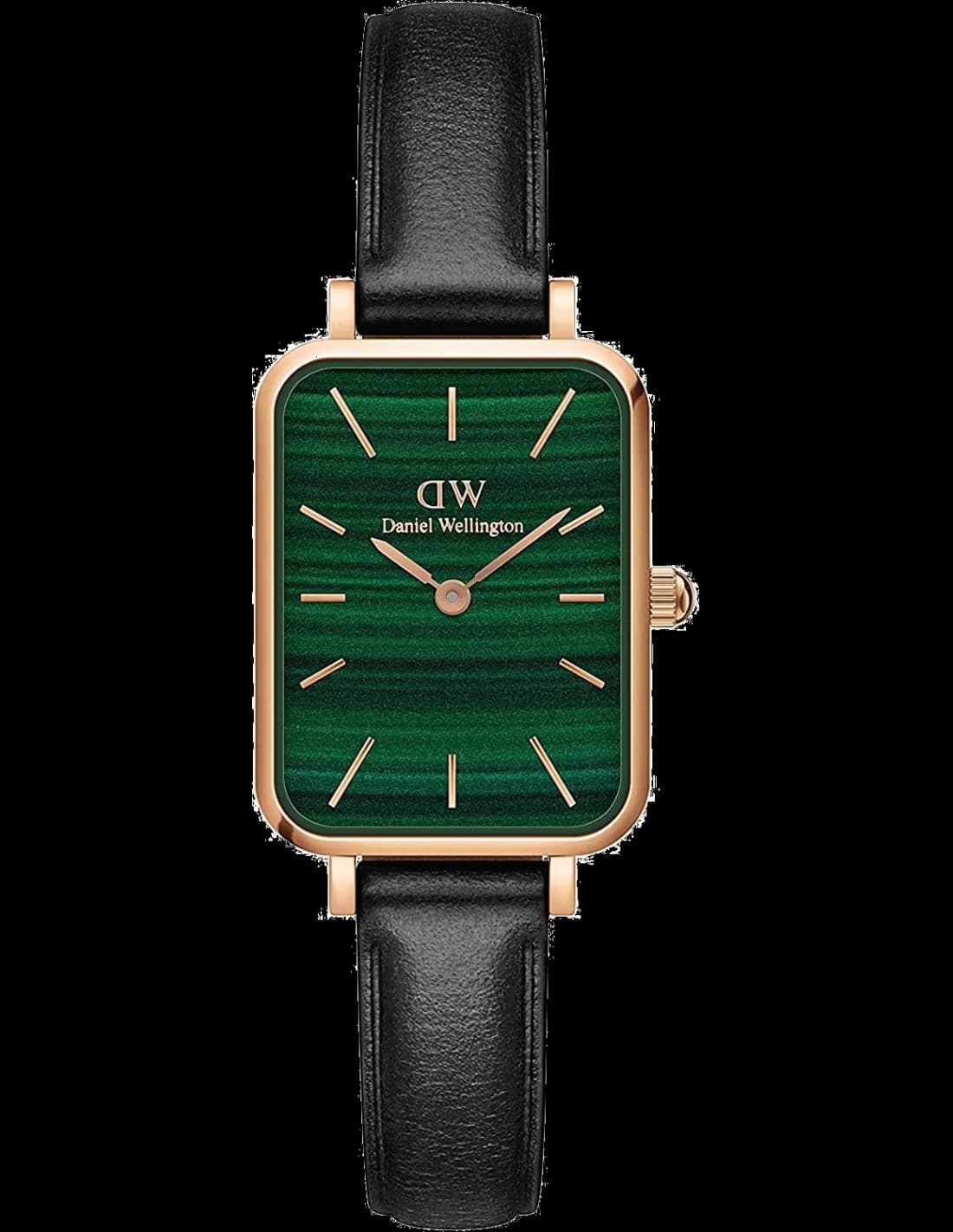 Montre Femme Daniel Wellington DW00100439 Quadro - Cadran Vert Rectangulaire, Boîtier Or Rose, Bracelet Cuir Noir