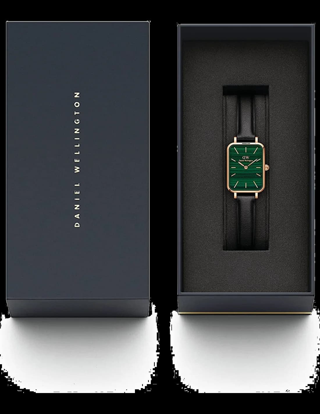 Visage cadran Daniel Wellington DW00100439 avec index polis et aiguilles fines en acier inoxydable sur fond vert mat