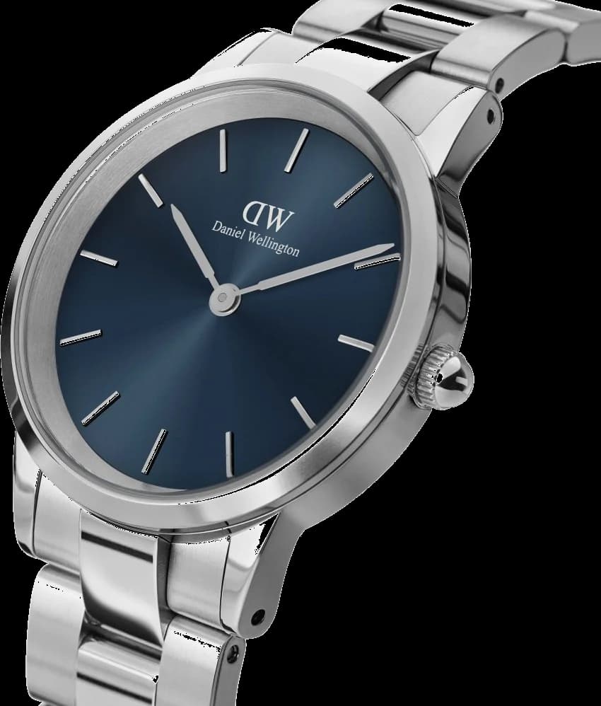 Visage cadran Daniel Wellington DW00100448 avec index bâtons épurés et aiguilles argentées sur fond bleu glace